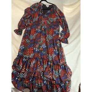 Mud Pie Women Long Ruffled Dress Size Large Black Floral Print 3/4 Bell Sleeve